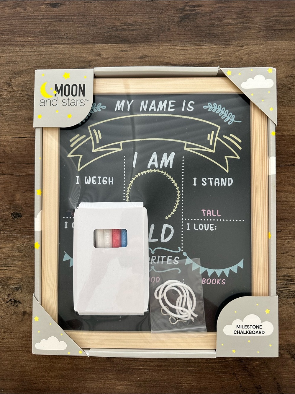 Moon & Stars Baby Milestone Chalkboard Sign with Chalk & Hanging Kit NIB